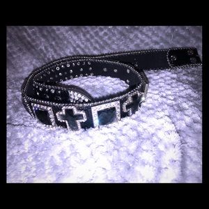 Black leather bedazzled belt